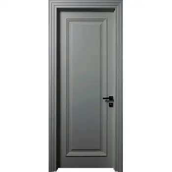 Grey painted one panel wood interior door with applied moulding