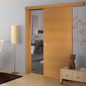 Interior Bedroom modern brown painted flush wood surface mounted sliding door with cover