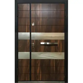 Wood cladding armored front double door with metal inlay