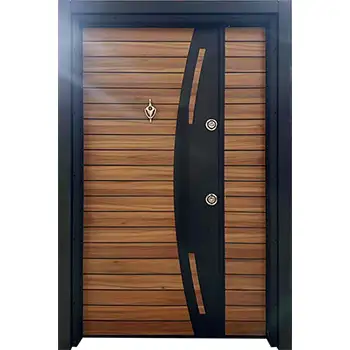Residential external entry brown walnut veneer painted grooved steel-wood armored door