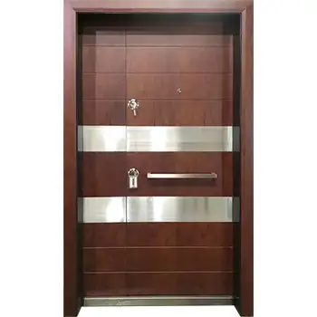 Residential external entry brown rosewood veneer paint metal inlay steel-wood armour door