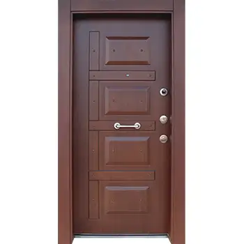 AMD61 house external front brown walnut veneer painted 4 panel steel-wood armoured door