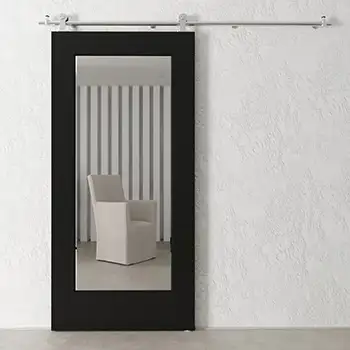 Black wood bathroom barn sliding door with full length mirror