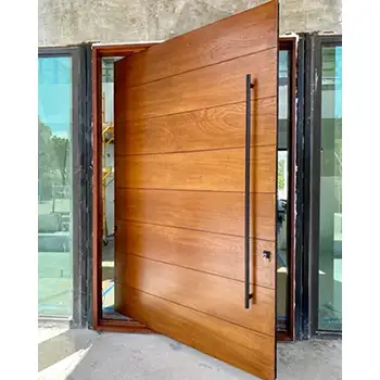 Big size solid walnut wood pivot entrance door with two sidelites