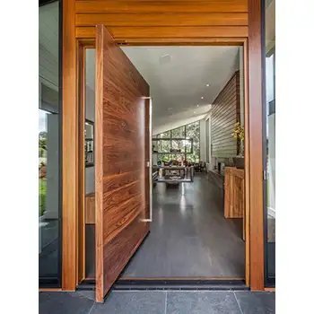 Luxury South america walnut wood pivot front door with full view sidelite