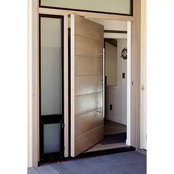 Contemporary solid wood exterior pivot door with sidelites and transom