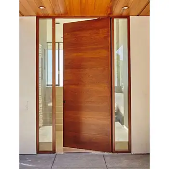 House entry solid mahogany pivot exterior door with fixed sidelite