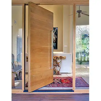 Exterior solid oak wood pivot main door with two sidelites